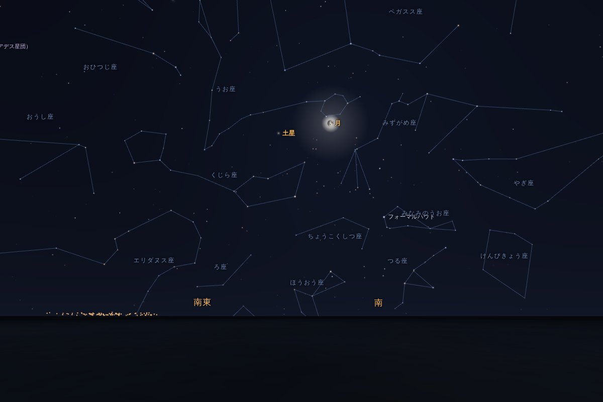 2026年10月23日21時、東京の南の空。高く昇った十三夜の月と、その左側の土星