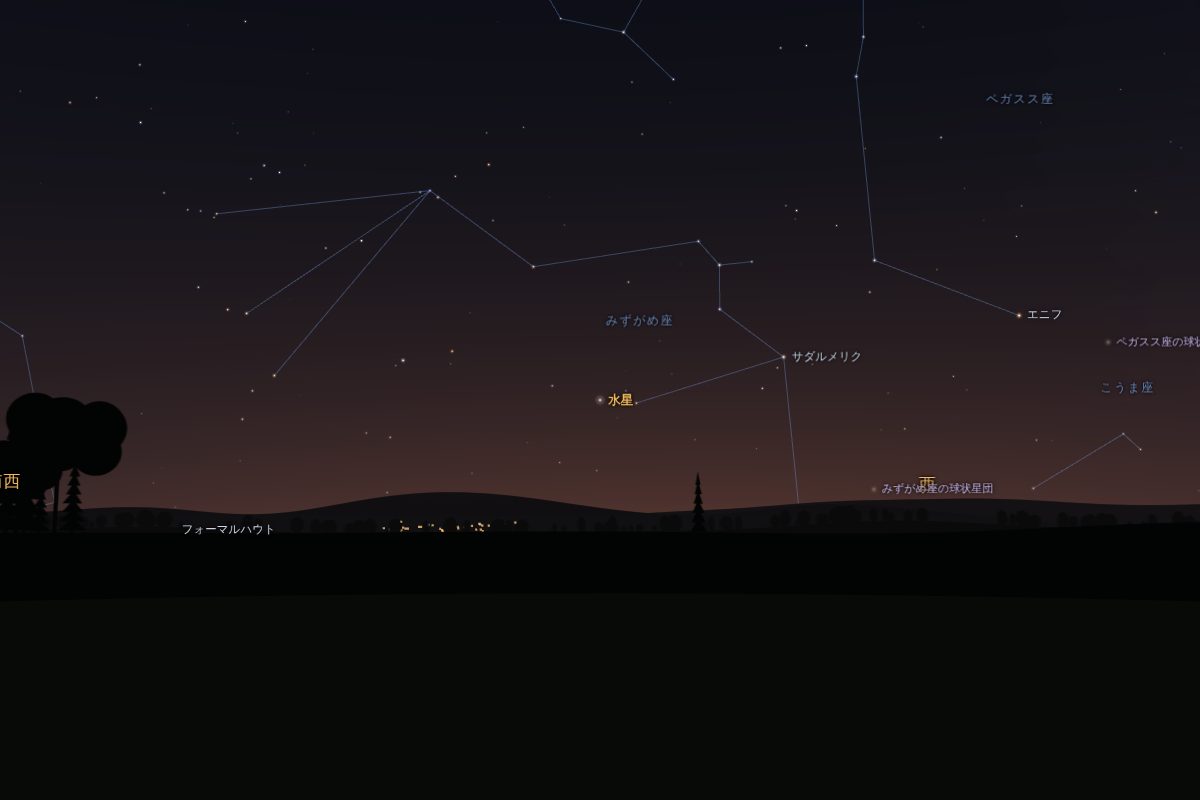 2027年2月5日、日の入り後の西の低い空に見える水星